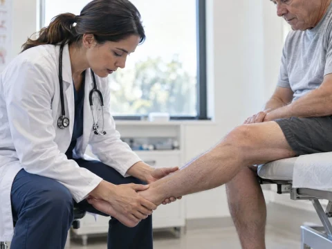 Doctor examining a patient's lower leg in a bright, calm clinic room