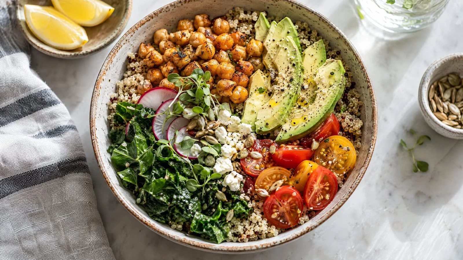 Top-down view of a colorful grain bowl with chickpeas, avocado, cherry tomatoes and greens