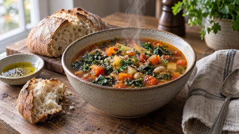 Steaming bowl of hearty vegetable soup with bread on a wooden table