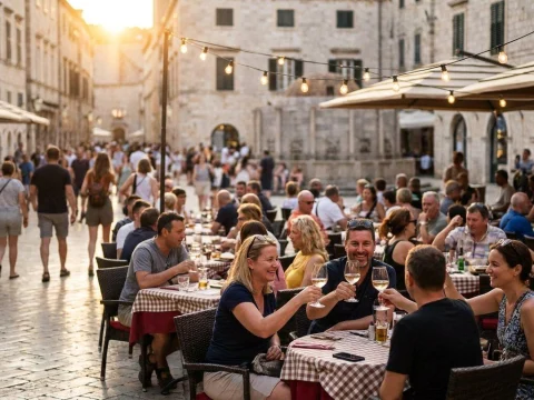 Crowded old-town square with tourists at outdoor cafes under string lights on a summer evening