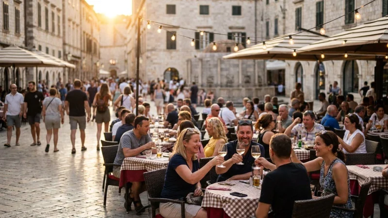 Crowded old-town square with tourists at outdoor cafes under string lights on a summer evening