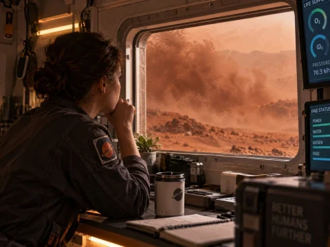 Person inside a habitat looking out of a window at a red dust storm