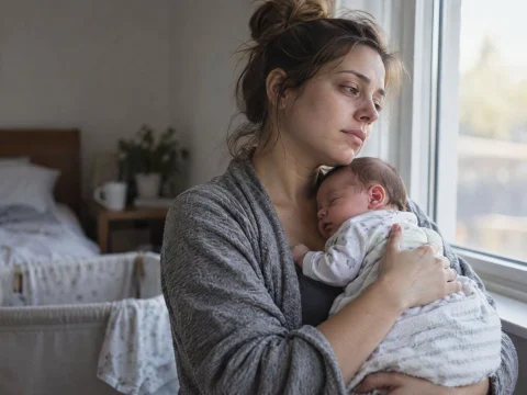 Tired young mother holding her newborn baby by a window in soft morning light