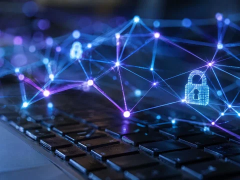Glowing blue and violet digital network over a dark computer keyboard