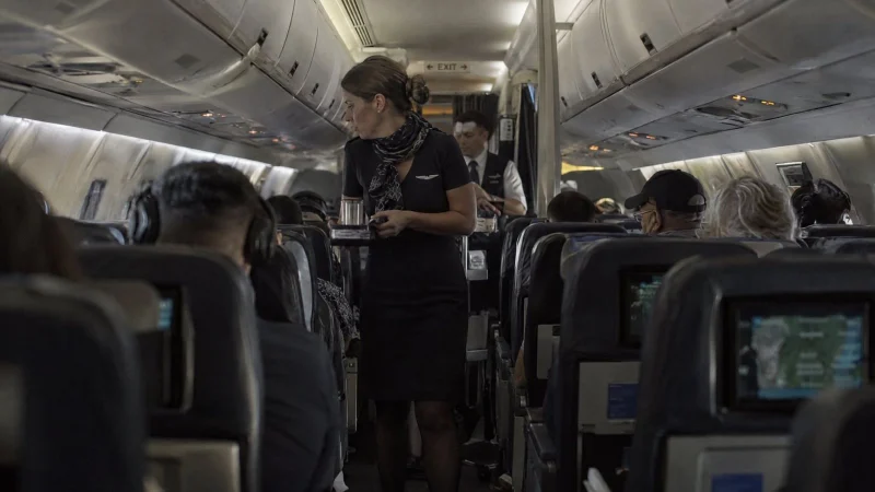 Flight attendant walking down the aisle of a full airplane cabin