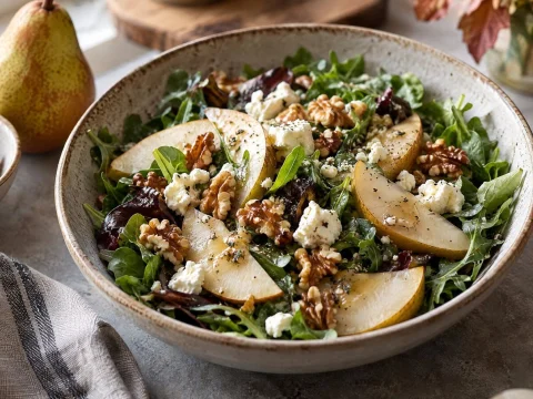Autumn salad with pear slices, walnuts, goat cheese and greens in a ceramic bowl