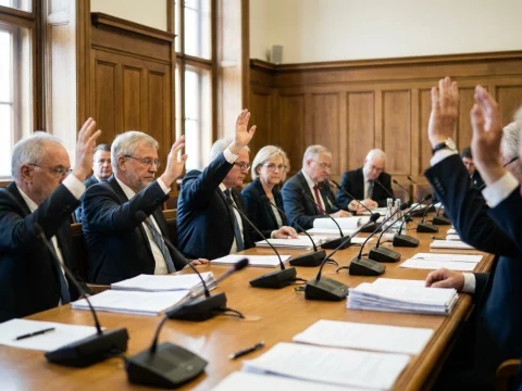 Committee members raising hands to vote at a table with documents and microphones