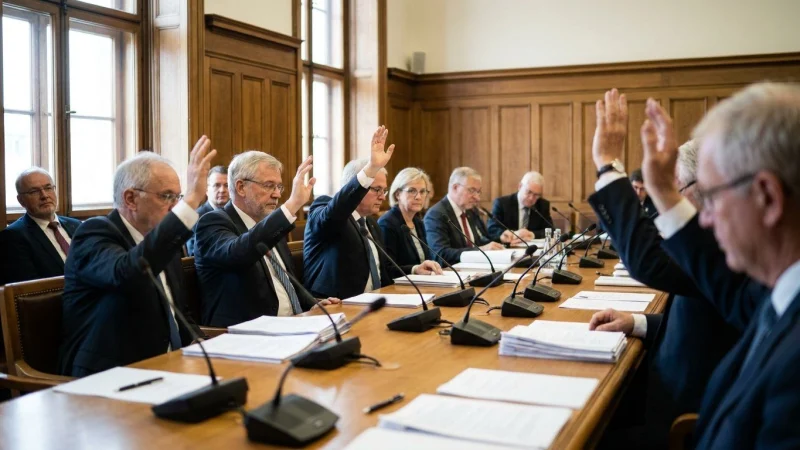 Committee members raising hands to vote at a table with documents and microphones