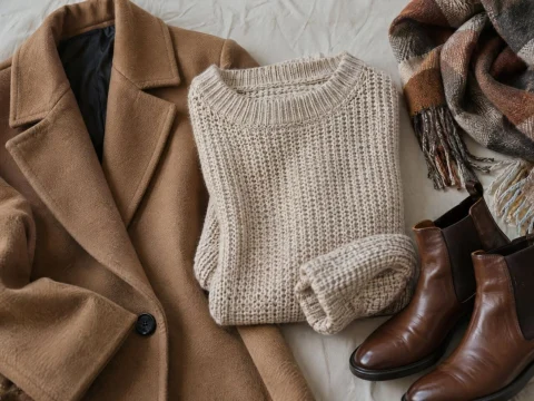 Flat lay of a camel coat, knit sweater, leather boots and wool scarf on a light background