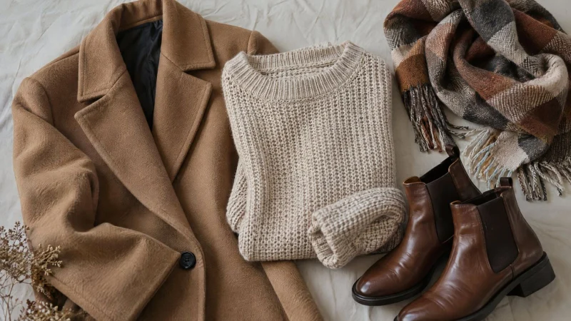 Flat lay of a camel coat, knit sweater, leather boots and wool scarf on a light background