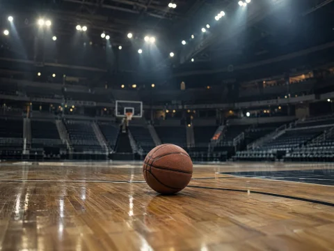 Empty basketball arena with a single ball on the court under dramatic overhead lights