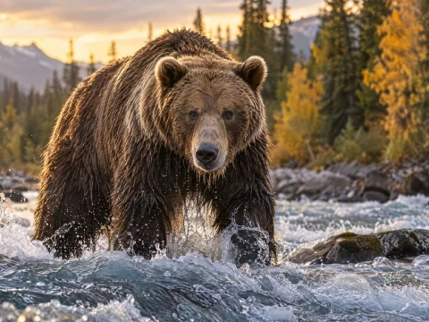Brown bear walking through a shallow river in an autumn forest