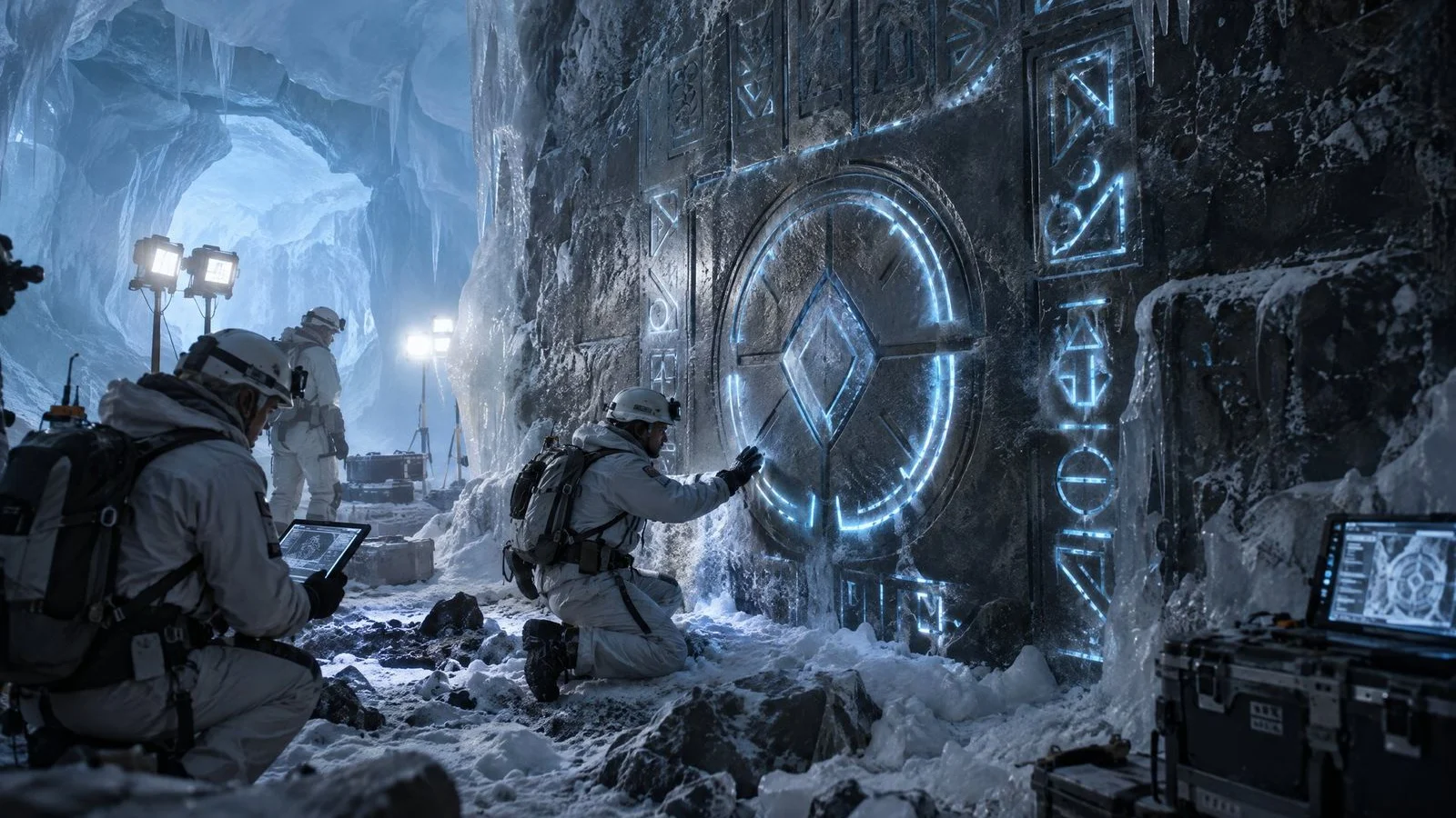 Explorers with lamps in an ice cave discovering a wall of glowing ancient symbols