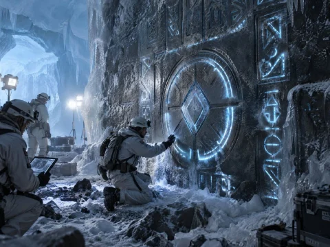 Explorers with lamps in an ice cave discovering a wall of glowing ancient symbols