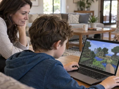 Child playing a blocky online game on a laptop while a parent watches from behind in a cozy living room