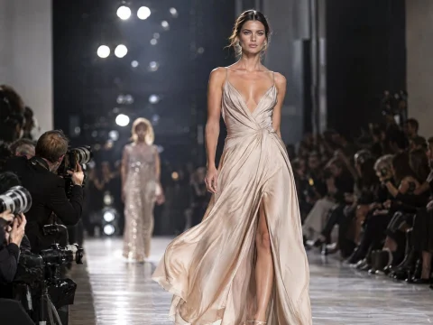 Model walking a runway in an elegant outfit while photographers line the catwalk under bright show lights