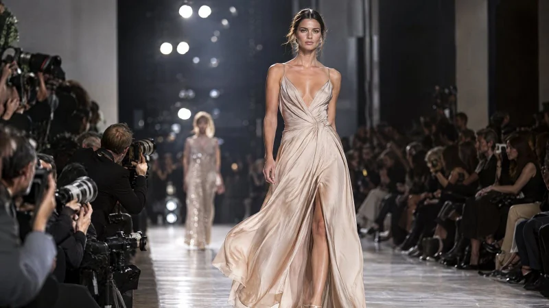 Model walking a runway in an elegant outfit while photographers line the catwalk under bright show lights