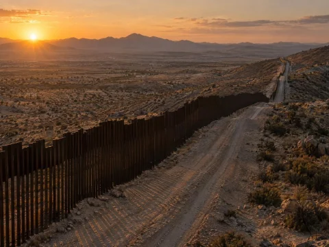 Tall border fence running along a desert road at sunset
