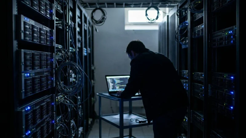 Dim server room with blue status lights and a laptop on a cart, its screen glowing out of focus