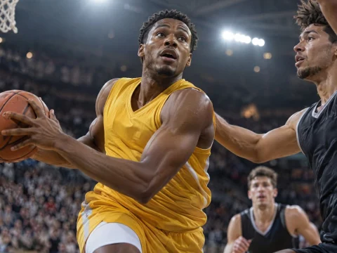Basketball player in a plain yellow jersey driving to the basket under bright arena lights