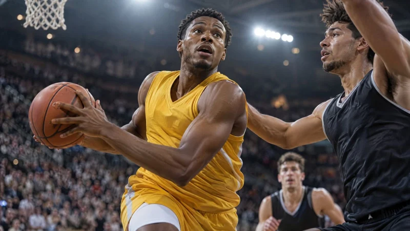 Basketball player in a plain yellow jersey driving to the basket under bright arena lights