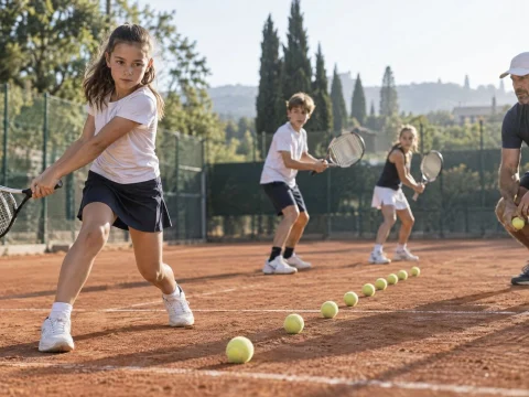 Young tennis players practicing on a clay court with a coach in the morning sun, balls scattered nearby