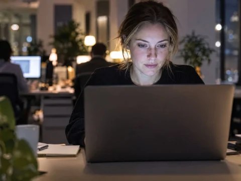 Office worker at a laptop in an open-plan office in the evening, screen glow on the face