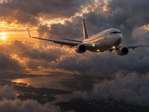 Airliner flying above the clouds at sunset