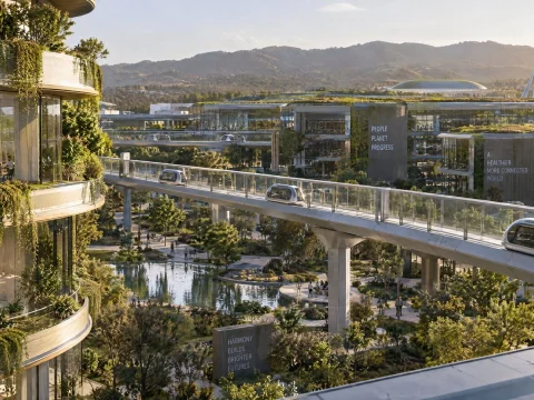 Futuristic city with plant-covered towers and an elevated walkway