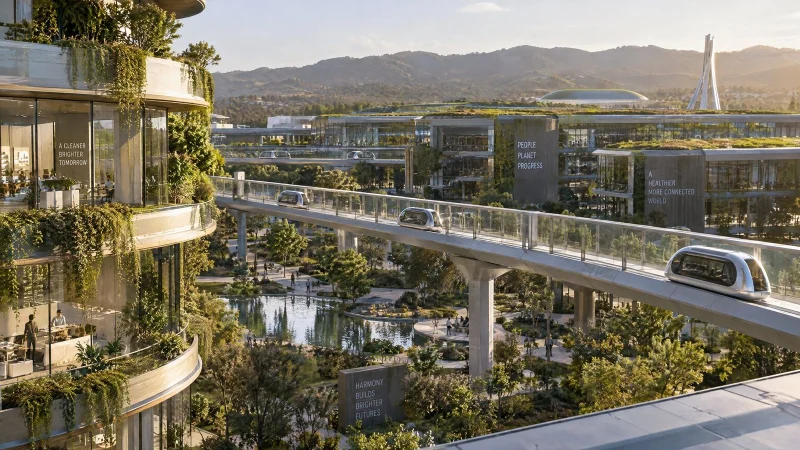 Futuristic city with plant-covered towers and an elevated walkway