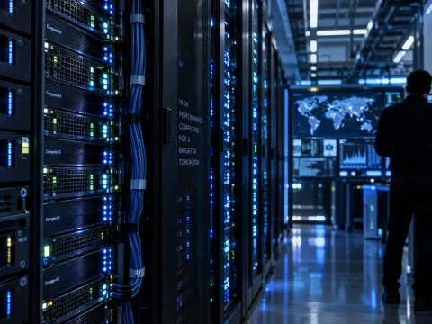 Technician walking down a long blue-lit data center aisle between server racks