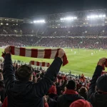 Packed football stadium at night under floodlights with fans holding scarves in plain team colors