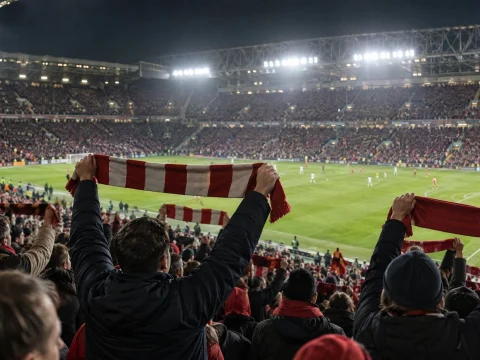 Packed football stadium at night under floodlights with fans holding scarves in plain team colors