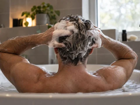 Man washing his hair with lots of foam while sitting in a bathtub