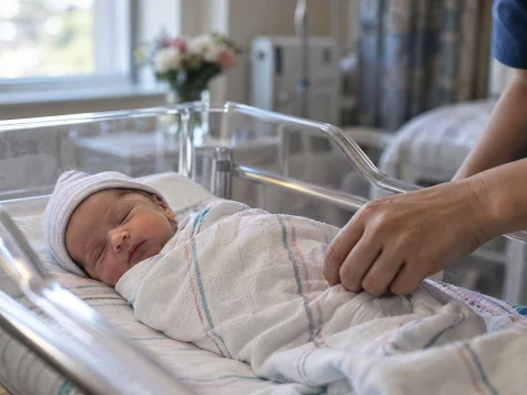 Newborn sleeping in a hospital bassinet as a nurse adjusts the blanket