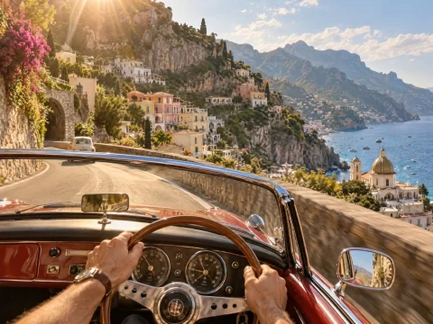 Red vintage convertible on a cliffside coastal road above colorful houses and the sea