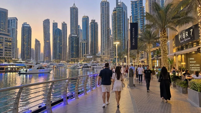 Waterfront promenade lined with palm trees and skyscrapers at golden hour