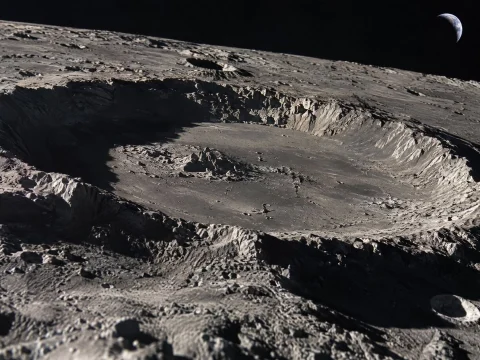 Lunar surface with a large impact crater, low sunlight casting long shadows across its rim