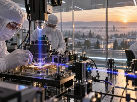 Scientists in clean-room suits working at a laser setup, with a city view at sunset