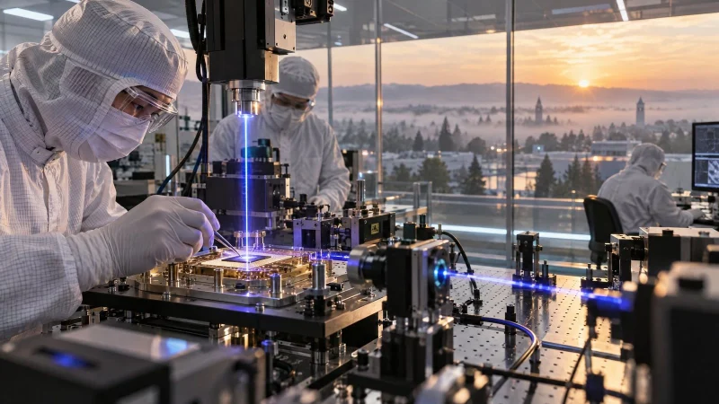 Scientists in clean-room suits working at a laser setup, with a city view at sunset