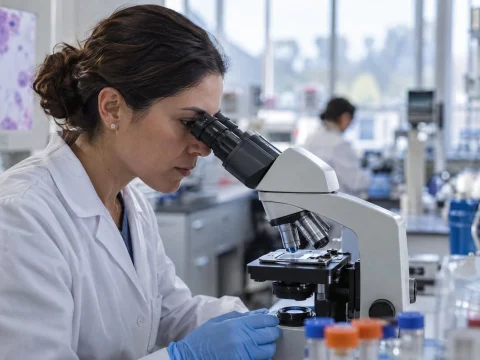 Oncology researcher in a lab coat looking through a microscope in a clean modern laboratory