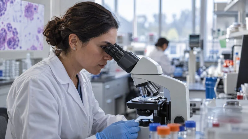 Oncology researcher in a lab coat looking through a microscope in a clean modern laboratory