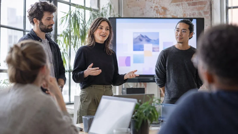 A small startup team presenting to colleagues in a bright loft office in front of a large screen