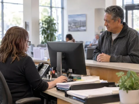 Municipal clerk working at a computer while a citizen waits at the counter in a bright modern office