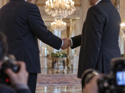 Two diplomats shaking hands in a grand hall with chandeliers as photographers take pictures