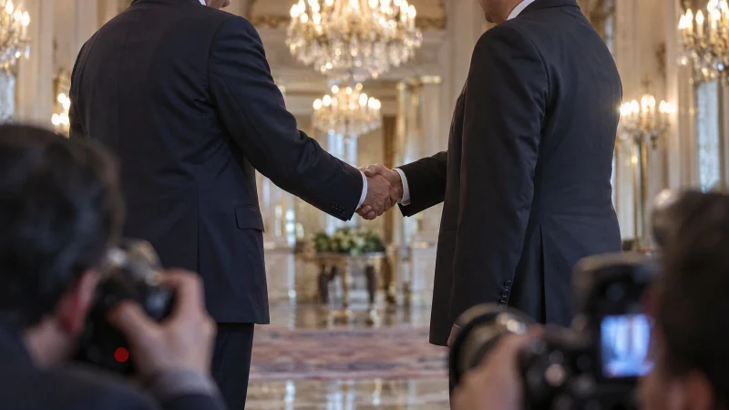 Two diplomats shaking hands in a grand hall with chandeliers as photographers take pictures