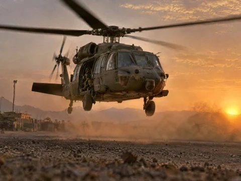 Military helicopter landing at a dusty base at sunset