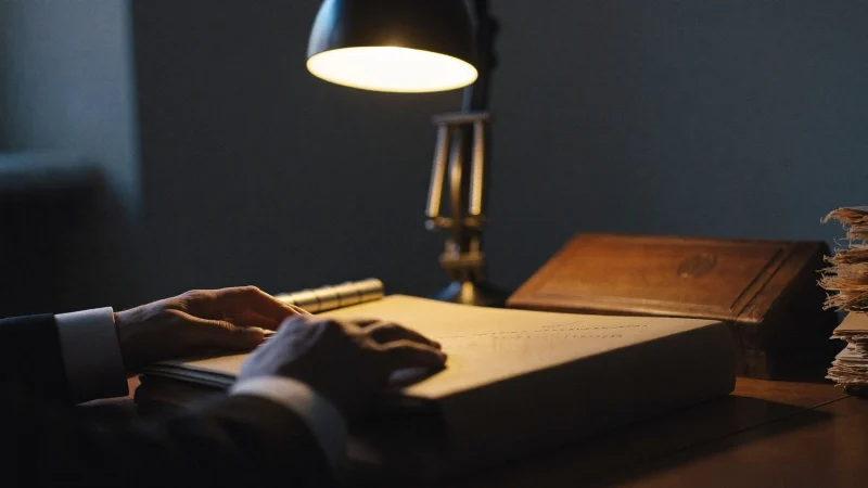 An official's hands resting on a thick closed folder on a wooden desk under a warm desk lamp