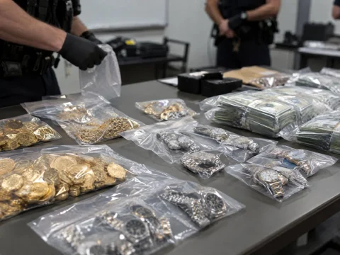 Gold coins, watches and cash in clear sealed evidence bags on a police table