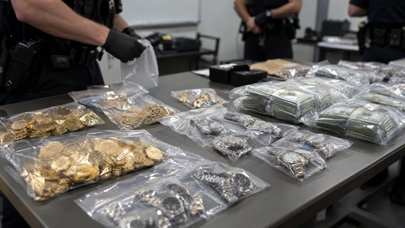 Gold coins, watches and cash in clear sealed evidence bags on a police table